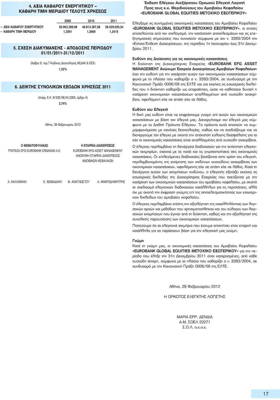 04.2005, άρθρο 4) 2,74% Η ΕΤΑΙΡΕΙΑ ΔΙΑΧΕΙΡΙΣΕΩΣ EUROBANK EFG ASSET MANAGEMENT ΑΝΩΝΥΜΗ ΕΤΑΙΡΕΙΑ ΔΙΑΧΕΙΡΙΣΕΩΣ ΑΜΟΙΒΑΙΩΝ ΚΕΦΑΛΑΙΩΝ Α. ΚΑΛΛΙΜΑΝΗ Ε. ΘΩΜΑΔΑΚΗ Φ. ΑΝΑΓΝΩΣΤΟΥ Α.