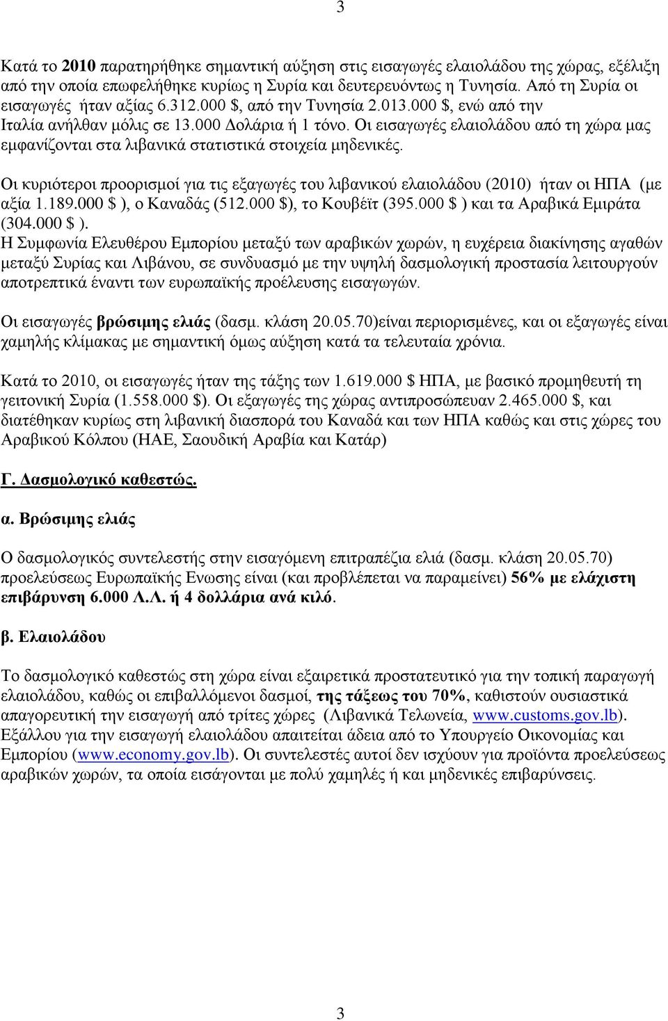 Οι κυριότεροι προορισμοί για τις εξαγωγές του λιβανικού ελαιολάδου (2010) ήταν οι ΗΠΑ (με αξία 1.189.000 $ ),