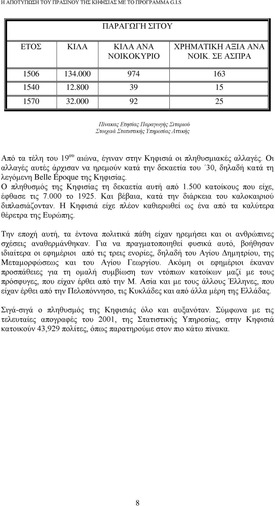 Οι αλλαγές αυτές άρχισαν να ηρεμούν κατά την δεκαετία του 30, δηλαδή κατά τη λεγόμενη Belle Époque της Κηφισίας. Ο πληθυσμός της Κηφισίας τη δεκαετία αυτή από 1.500 κατοίκους που είχε, έφθασε τις 7.