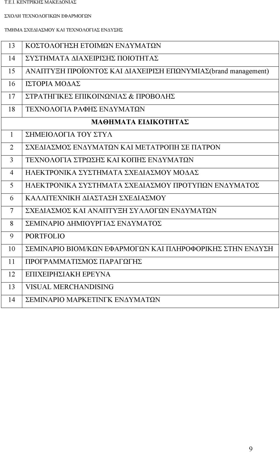 ΣΥΣΤΗΜΑΤΑ ΣΧΕΔΙΑΣΜΟΥ ΜΟΔΑΣ 5 ΗΛΕΚΤΡΟΝΙΚΑ ΣΥΣΤΗΜΑΤΑ ΣΧΕΔΙΑΣΜΟΥ ΠΡΟΤΥΠΩΝ ΕΝΔΥΜΑΤΟΣ 6 ΚΑΛΛΙΤΕΧΝΙΚΗ ΔΙΑΣΤΑΣΗ ΣΧΕΔΙΑΣΜΟΥ 7 ΣΧΕΔΙΑΣΜΟΣ ΚΑΙ ΑΝΑΠΤΥΞΗ ΣΥΛΛΟΓΩΝ ΕΝΔΥΜΑΤΩΝ 8 ΣΕΜΙΝΑΡΙΟ ΔΗΜΙΟΥΡΓΙΑΣ