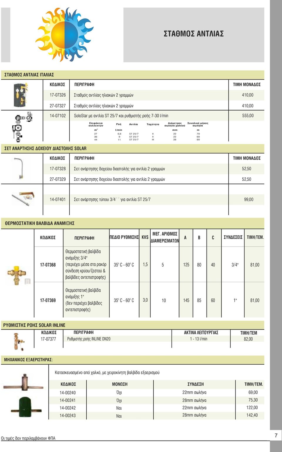 ΔΙΑΣΤΟΛΗΣ SOLAR 170738 Σετ ανάρτησης δοχείου διαστολής για αντλία γραμμών ΜΟΝΑΔΟΣ 5,50 70739 Σετ ανάρτησης δοχείου διαστολής για αντλία γραμμών 5,50 1407401 Σετ ανάρτησης τύπου 3/4 για αντλία ST 5/7
