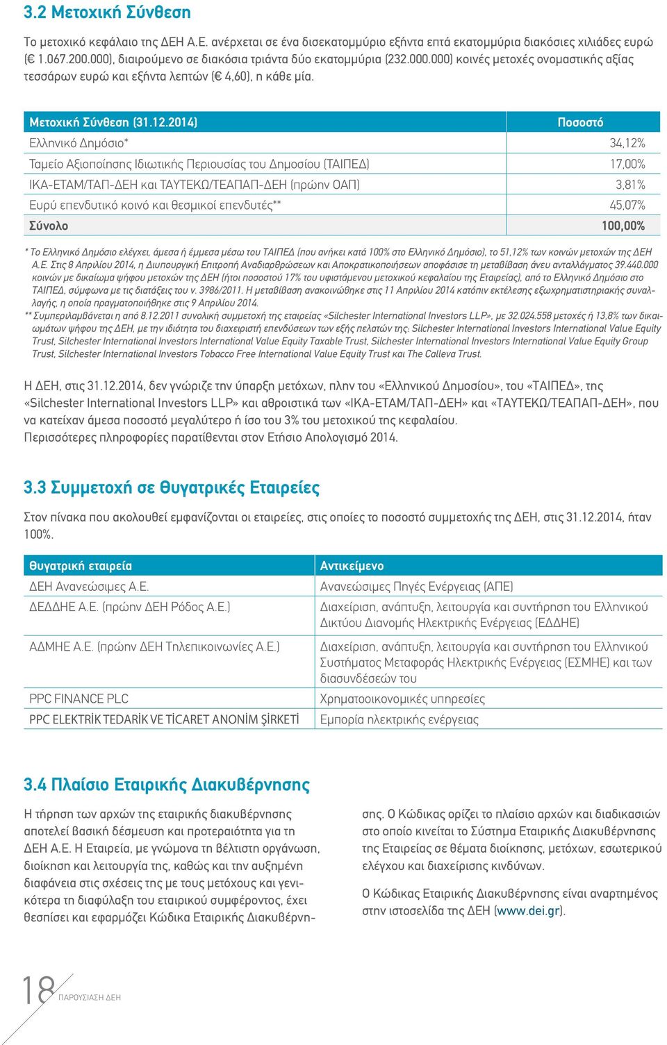 2014) Ποσοστό Ελληνικό Δημόσιο* 34,12% Ταμείο Αξιοποίησης Ιδιωτικής Περιουσίας του Δημοσίου (ΤΑΙΠΕΔ) 17,00% ΙΚΑ-ΕΤΑΜ/ΤΑΠ-ΔΕΗ και ΤΑΥΤΕΚΩ/ΤΕΑΠΑΠ-ΔΕΗ (πρώην ΟΑΠ) 3,81% Ευρύ επενδυτικό κοινό και