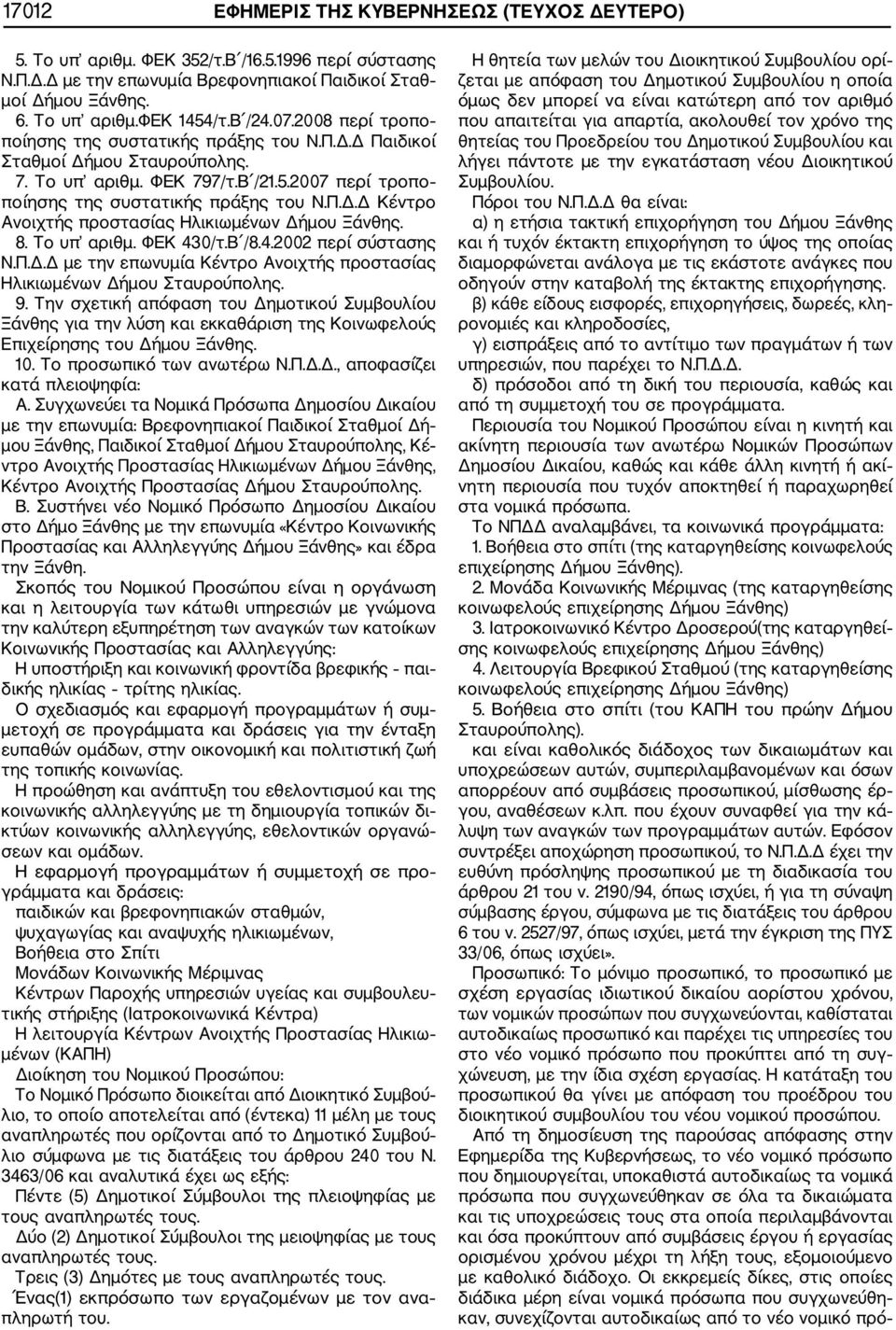 8. Το υπ αριθμ. ΦΕΚ 430/τ.Β /8.4.2002 περί σύστασης Ν.Π.Δ.Δ με την επωνυμία Κέντρο Ανοιχτής προστασίας Ηλικιωμένων Δήμου Σταυρούπολης. 9.