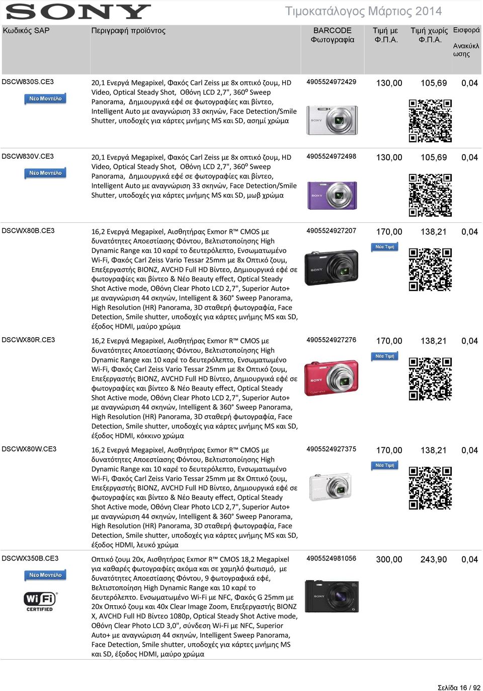 αναγνώριση 33 σκηνών, Face Detection/Smile Shutter, υποδοχές για κάρτες μνήμης MS και SD, ασημί χρώμα 4905524972429 130,00 105,69 0,04 DSCW830V.