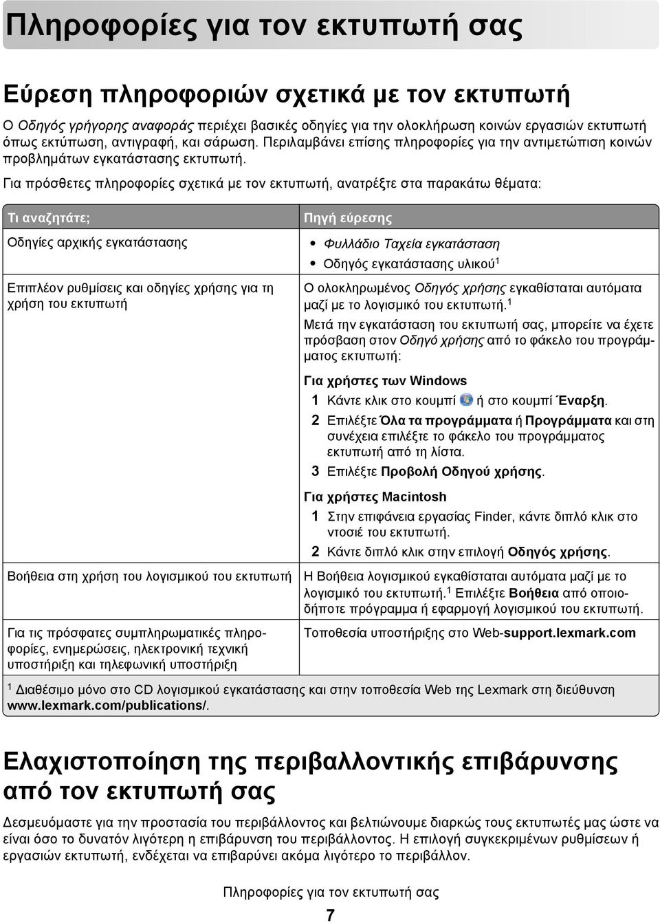 Για πρόσθετες πληροφορίες σχετικά με τον εκτυπωτή, ανατρέξτε στα παρακάτω θέματα: Τι αναζητάτε; Οδηγίες αρχικής εγκατάστασης Επιπλέον ρυθμίσεις και οδηγίες χρήσης για τη χρήση του εκτυπωτή Βοήθεια