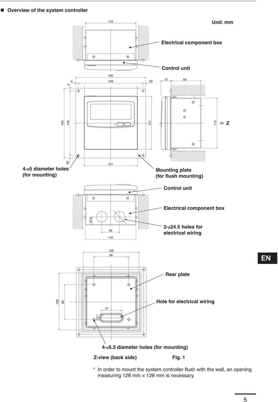 5 holes for electrical wiring 128 80 EN Rear plate 128 80 Hole for electrical wiring 47 13 4-Ø5.