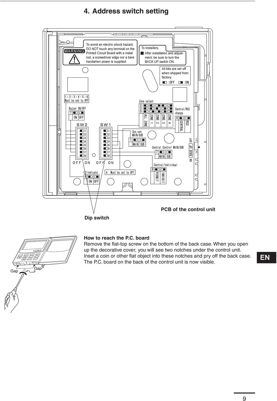 PCB of the control unit Dip switch Gap Gap How to reach the P.C. board Remove the fl at-top screw on the bottom of the back case.