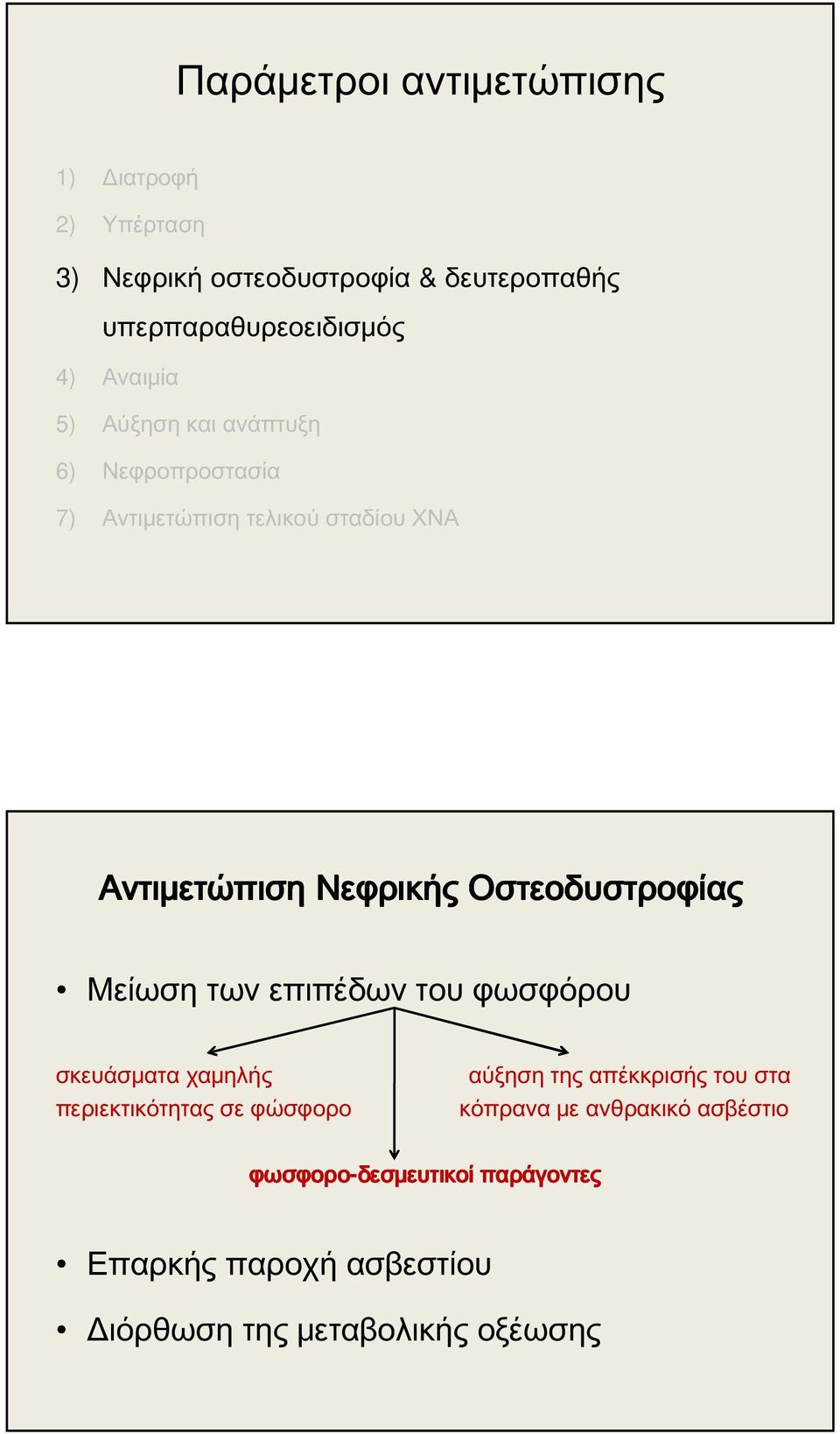 Οστεοδυστροφίας Μείωση των επιπέδων του φωσφόρου σκευάσματα χαμηλής περιεκτικότητας σε φώσφορο αύξηση της απέκκρισής