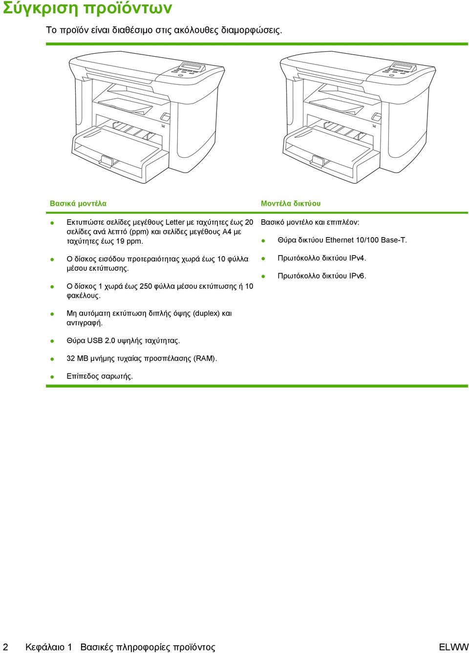 Μοντέλα δικτύου Βασικό μοντέλο και επιπλέον: Θύρα δικτύου Ethernet 10/100 Base-T. Ο δίσκος εισόδου προτεραιότητας χωρά έως 10 φύλλα μέσου εκτύπωσης.
