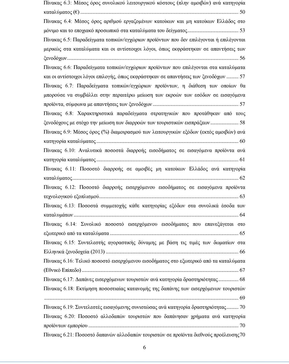 5: Παραδείγματα τοπικών/εγχώριων προϊόντων που δεν επιλέγονται ή επιλέγονται μερικώς στα καταλύματα και οι αντίστοιχοι λόγοι, όπως εκφράστηκαν σε απαντήσεις των ξενοδόχων... 56 Πίνακας 6.