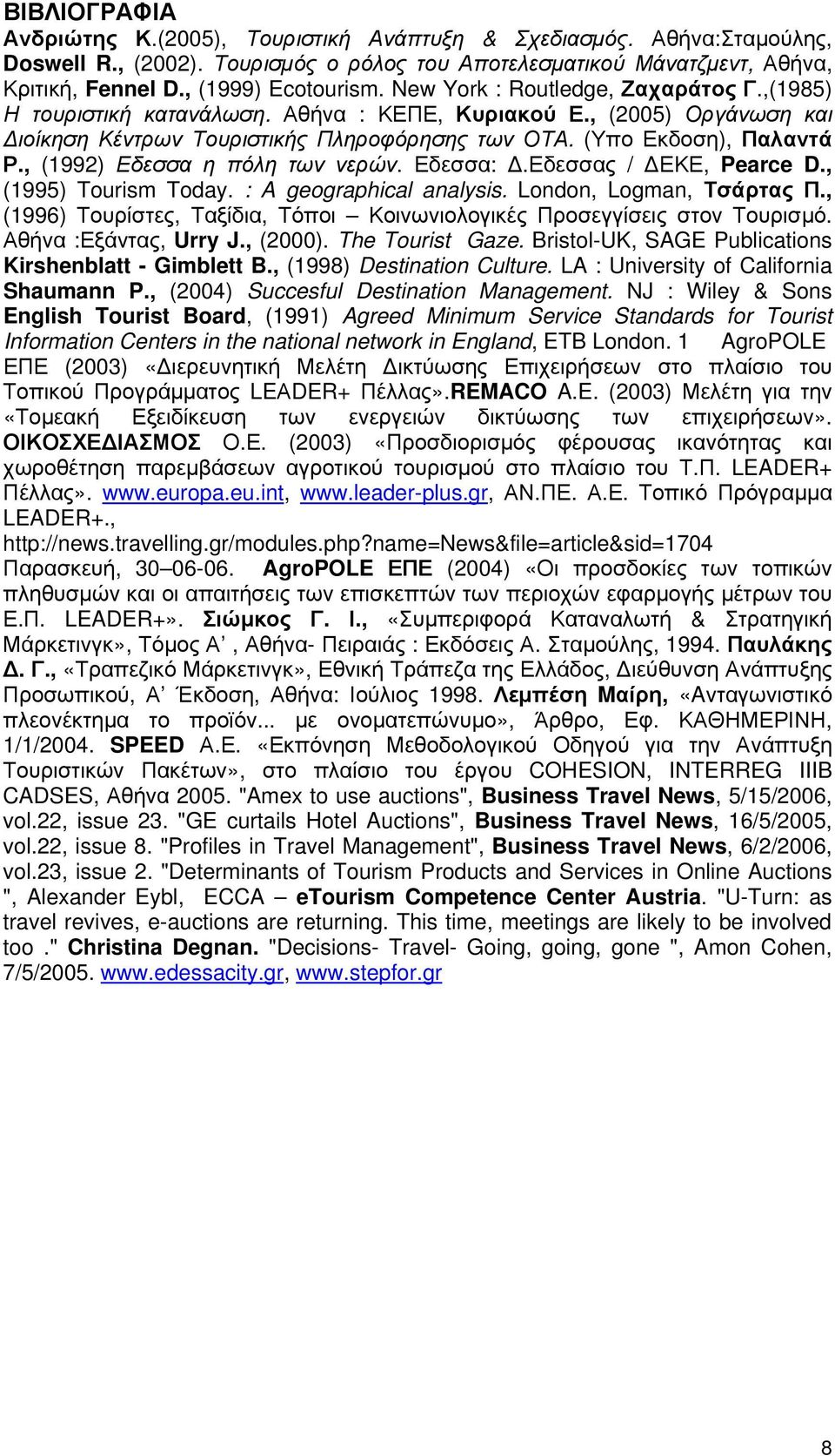 , (1992) Εδεσσα η πόλη των νερών. Εδεσσα: Δ.Εδεσσας / ΔΕΚΕ, Pearce D., (1995) Tourism Today. : A geographical analysis. London, Logman, Τσάρτας Π.