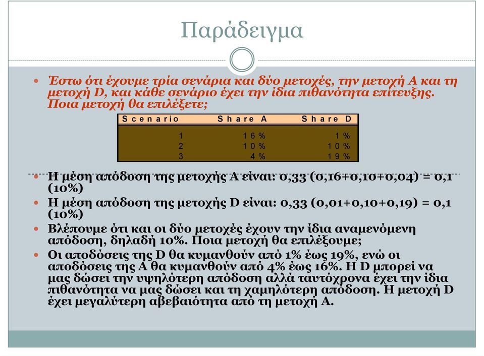 µετοχής D είναι: 0,33 (0,01+0,10+0,19) 0,1 (10%) Βλέπουµε ότι και οι δύο µετοχές έχουν την ίδια αναµενόµενη απόδοση, δηλαδή 10%.