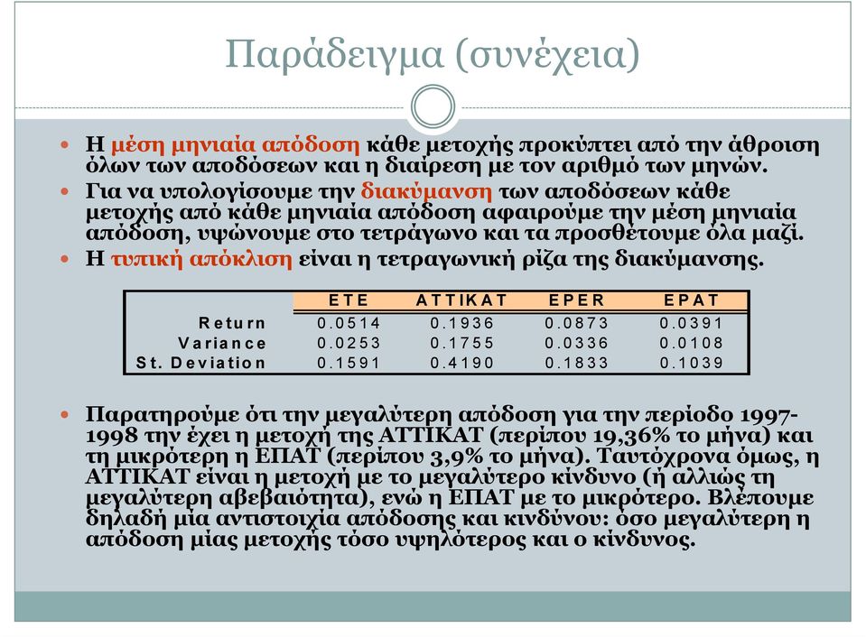 Η τυπική απόκλιση είναι η τετραγωνική ρίζα της διακύµανσης. E T E A T T IK A T E P E R E P A T R e u rn 0.0514 0.1936 0.0873 0.0391 V a ria n c e 0.0253 0.1755 0.0336 0.0108 S. D e v ia io n 0.1591 0.