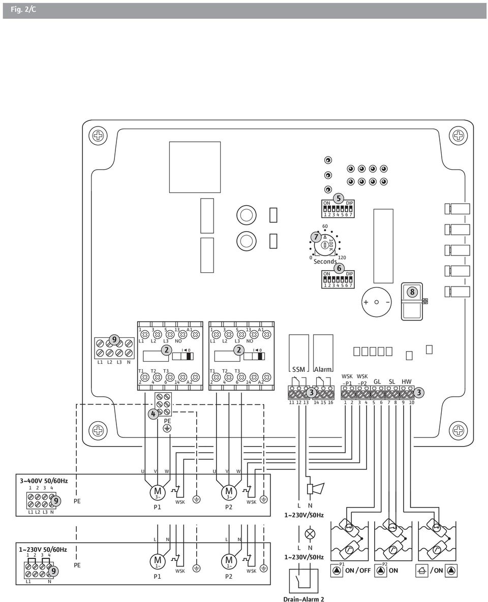 14 15 16 1 2 3 4 5 6 7 8 9 HW 10 3 U V W U V W 3~400V 50/60Hz 1 2 3 4 M 3~ M 3~ L1 L2 L3 N 9 PE P1 WSK P2 WSK L N