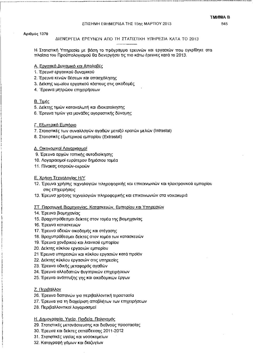 Δείκτης ωριαίου εργατικού κόστους στις οικοδομές 4. Έρευνα μητρώου επιχειρήσεων Β. Tiufo 5. Δείκτης τιμών καταναλωτή και ιδιοκατοίκησης 6. Έρευνα τιμών για μονάδες αγοραστικής δύναμης Γ.