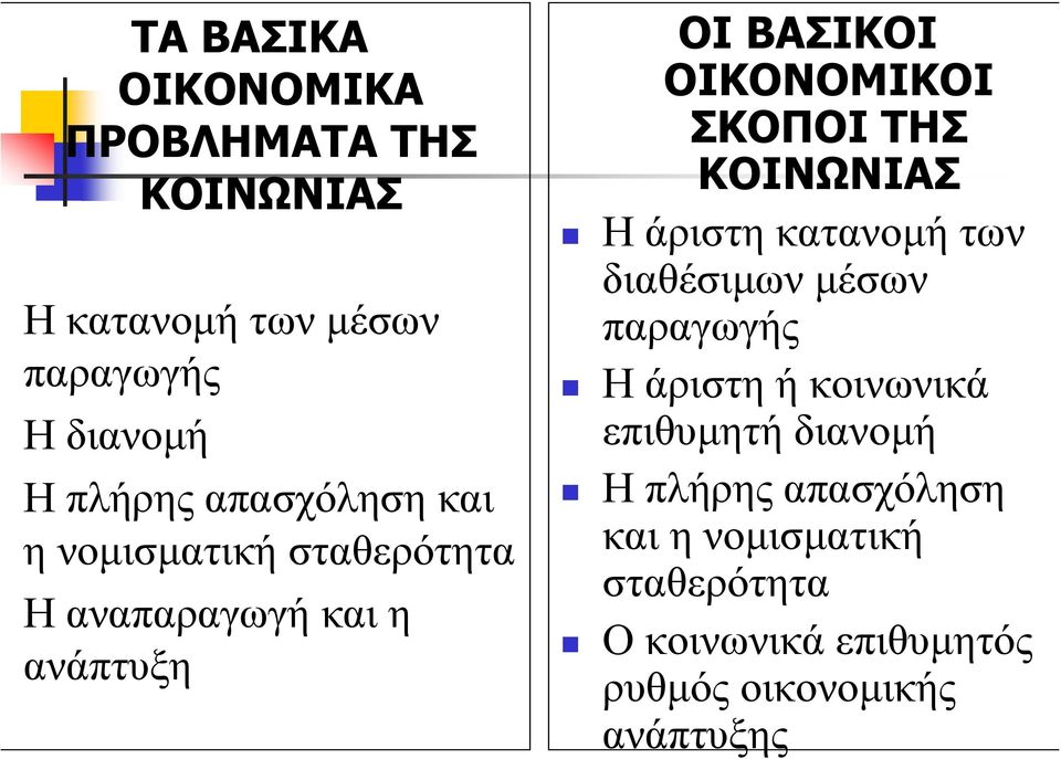 ΟΙΚΟΝΟΜΙΚΟΙ ΣΚΟΠΟΙ ΤΗΣ ΚΟΙΝΩΝΙΑΣ Ηάριστηκατανοµήτων διαθέσιµων µέσων παραγωγής Η άριστη ή