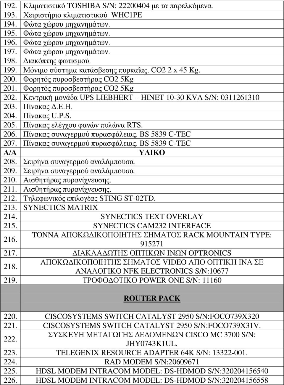 Κεληξηθή κνλάδα UPS LIEBHERT HINET 10-30 KVA S/N: 0311261310 203. Πίλαθαο Γ.Δ.Ζ. 204. Πίλαθαο U.P.S. 205. Πίλαθαο ειέγρνπ θαλώλ ππιώλα RTS. 206. Πίλαθαο ζπλαγεξκνύ ππξαζθάιεηαο. BS 5839 C-TEC 207.