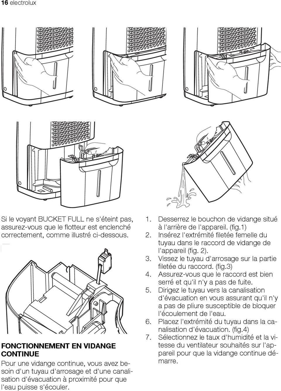 Desserrez le bouchon de vidange situé à l'arrière de l'appareil. (fig.1) 2. Insérez l'extrémité filetée femelle du tuyau dans le raccord de vidange de l'appareil (fig. 2). 3.