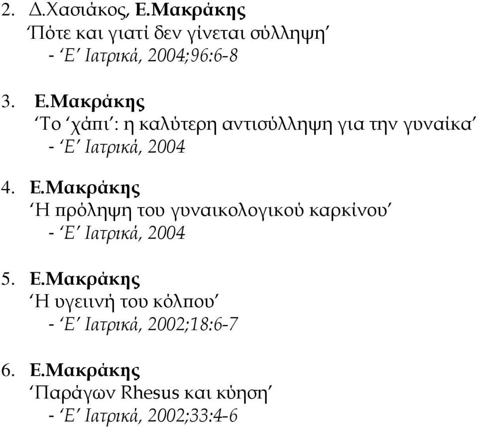 Ιατρικά, 2004 4. Ε.Μακράκης Η πρόληψη του γυναικολογικού καρκίνου - Ε Ιατρικά, 2004 5. Ε.Μακράκης Η υγειινή του κόλπου - Ε Ιατρικά, 2002;18:6-7 6.