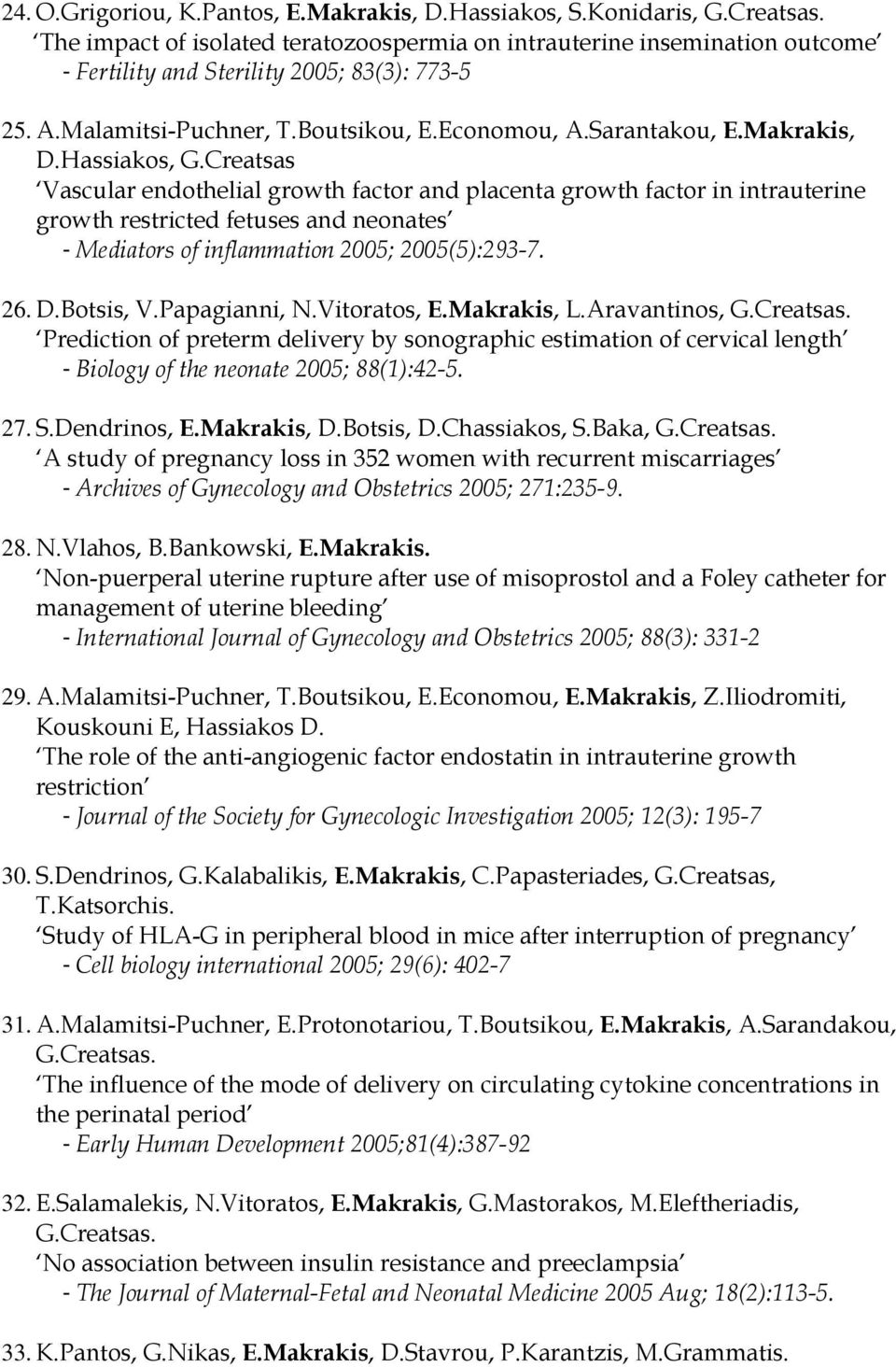 Hassiakos, G.Creatsas Vascular endothelial growth factor and placenta growth factor in intrauterine growth restricted fetuses and neonates - Mediators of inflammation 2005; 2005(5):293-7. 26. D.