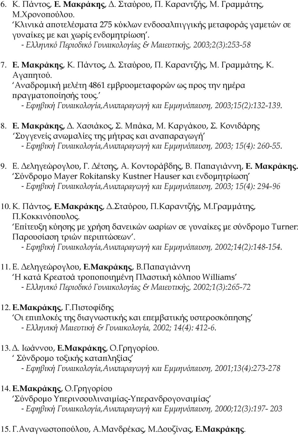 Aναδρομική μελέτη 4861 εμβρυομεταφορών ως προς την ημέρα πραγματοποίησής τους. - Εφηβική Γυναικολογία,Αναπαραγωγή και Εμμηνόπαυση, 2003;15(2):132-139. 8. Ε. Μακράκης, Δ. Χασιάκος, Σ. Μπάκα, Μ.