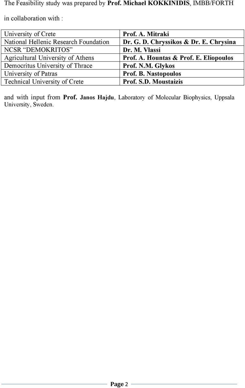 Agricultural University of Athens Democritus University of Thrace University of Patras Technical University of Crete Prof. A. Mitraki Dr. G.