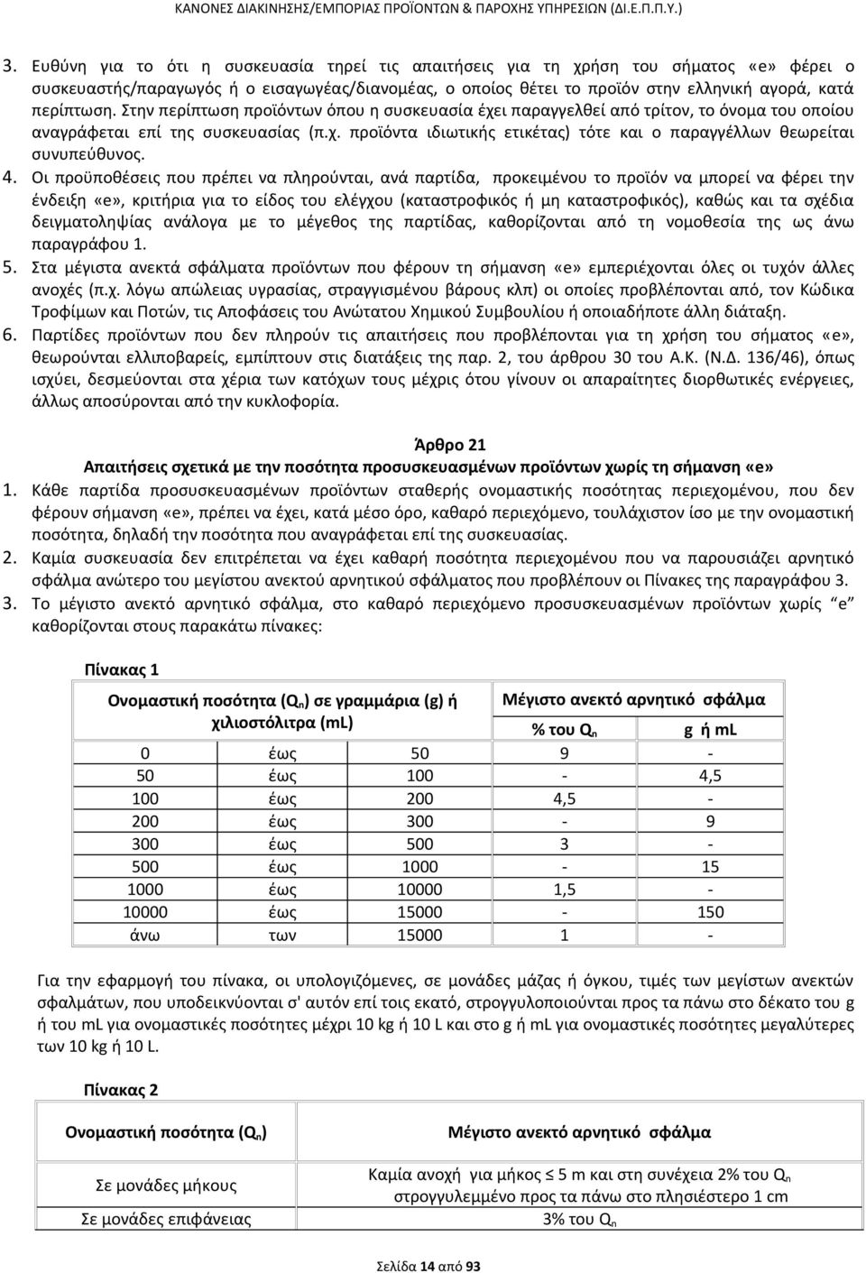 4. Οι προϋποθέσεις που πρέπει να πληρούνται, ανά παρτίδα, προκειμένου το προϊόν να μπορεί να φέρει την ένδειξη «e», κριτήρια για το είδος του ελέγχου (καταστροφικός ή μη καταστροφικός), καθώς και τα