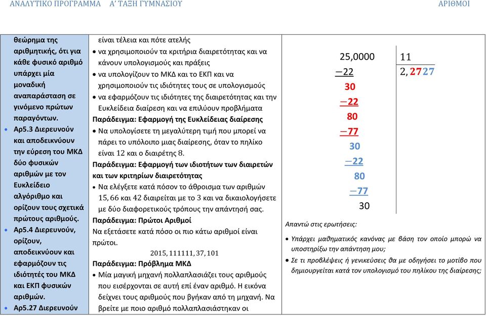 4 Διερευνούν, ορίζουν, αποδεικνύουν και εφαρμόζουν τις ιδιότητές του ΜΚΔ και ΕΚΠ φυσικών αριθμών. Αρ5.