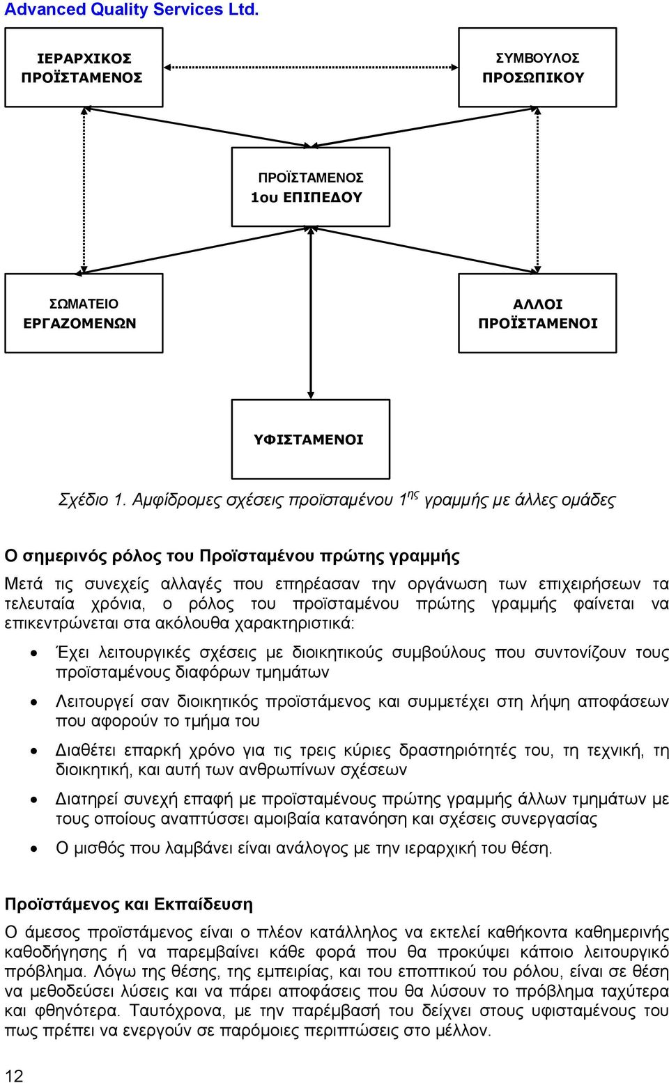 χρόνια, ο ρόλος του προϊσταμένου πρώτης γραμμής φαίνεται να επικεντρώνεται στα ακόλουθα χαρακτηριστικά: Έχει λειτουργικές σχέσεις με διοικητικούς συμβούλους που συντονίζουν τους προϊσταμένους