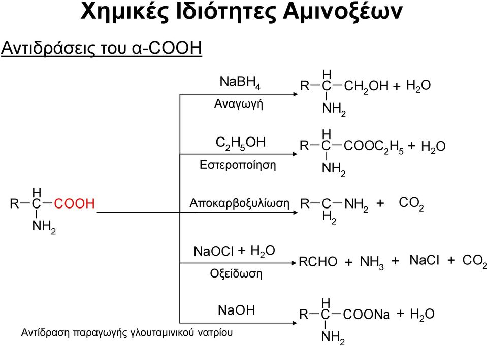 COOH Αποκαρβοξυλίωση + R C H2 NH 2 CO 2 NaOCl + H 2 O Οξείδωση + + RCHO NH 3