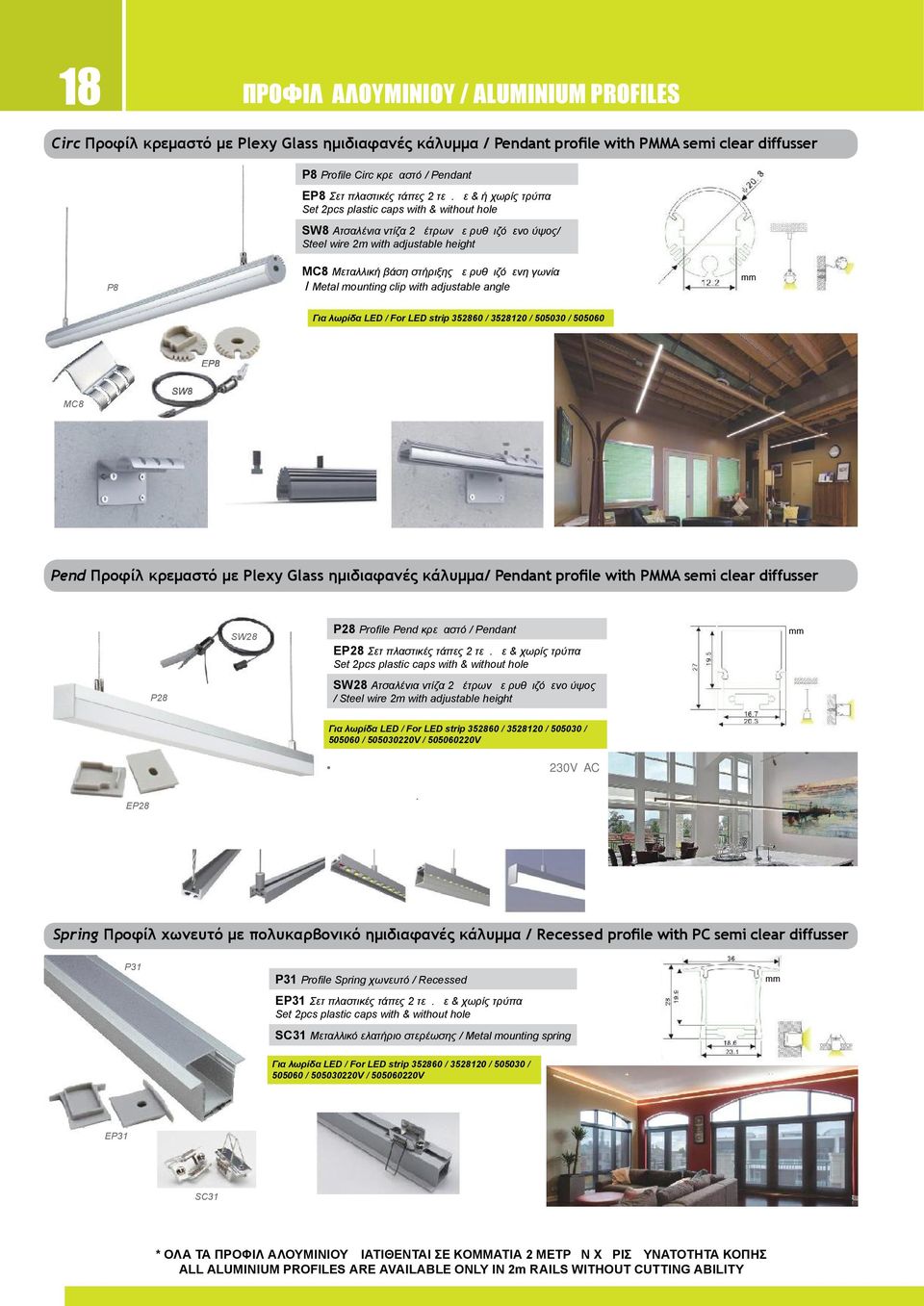 με & ή χωρίς τρύπα Set 2pcs plastic caps with & without hole SW Ατσαλένια ντίζα 2 μέτρων με ρυθμιζόμενο ύψος/ Steel wire 2m with adjustable height MC Μεταλλική βάση στήριξης με ρυθμιζόμενη γωνία /