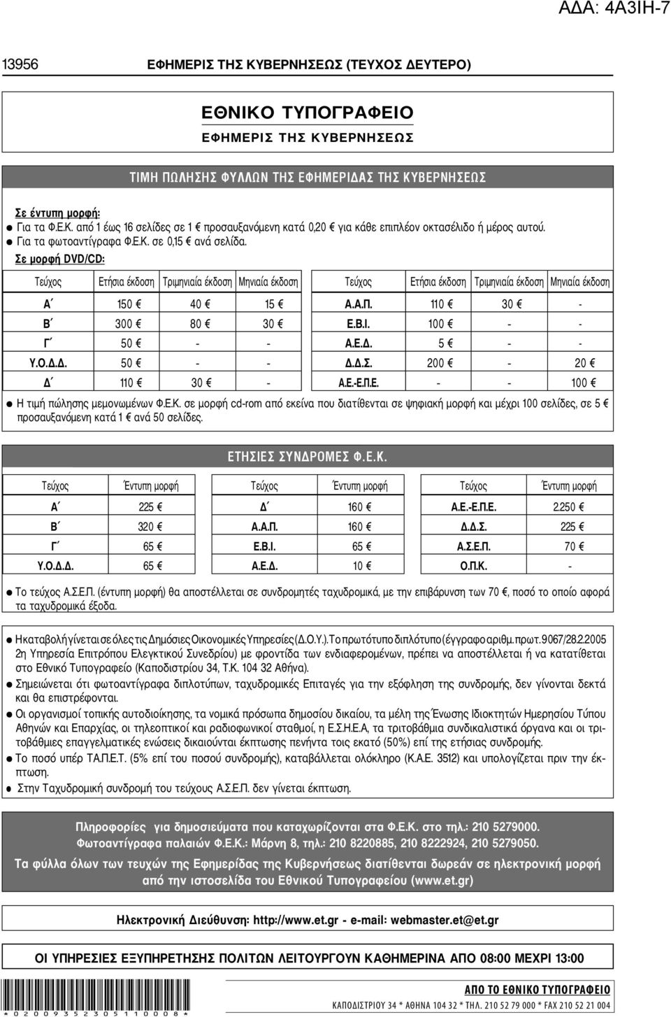 110 30 - Β 300 80 30 Ε.Β.Ι. 100 - Γ 50 Α.Ε.Δ. 5 - Υ.Ο.Δ.Δ. 50 Δ.Δ.Σ. 200 20 Δ 110 30 Α.Ε. Ε.Π.Ε. 100 Η τιμή πώλησης μεμονωμένων Φ.Ε.Κ.