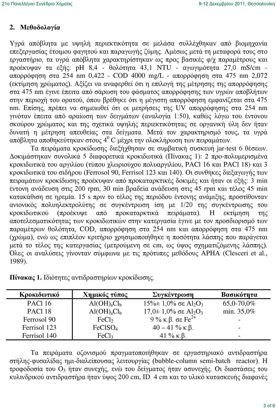 στα 254 nm,422 - COD 4 mg/l - απορρόφηση στα 475 nm 2,72 (εκτίμηση χρώματος).