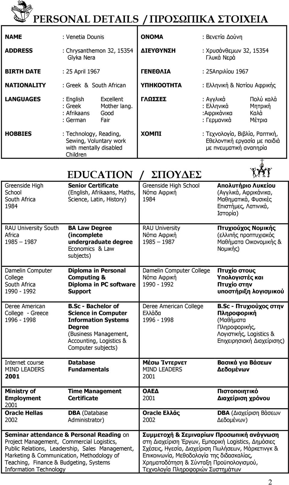 Good Fair ΓΛΩΣΣΕΣ : Αγγλικά : Ελληνικά :Αφρικάνικα : Γερµανικά Πολύ καλά Μητρική Καλά Μέτρια HOBBIES : Technology, Reading, Sewing, Voluntary work with mentally disabled Children ΧΟΜΠΙ : Τεχνολογία,