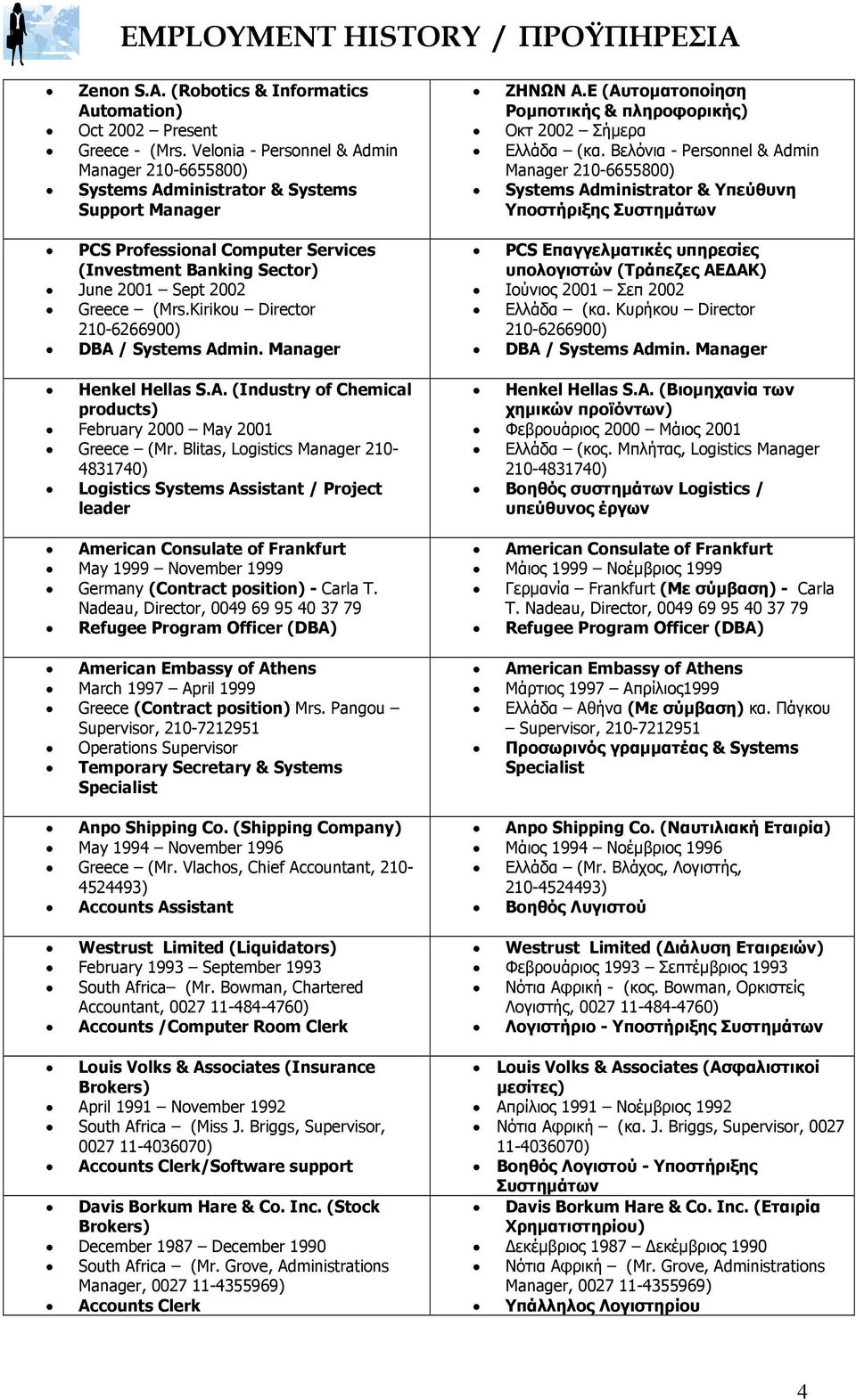 Kirikou Director 210-6266900) DBA / Systems Admin. Manager Henkel Hellas S.A. (Industry of Chemical products) February 2000 May 2001 Greece (Mr.