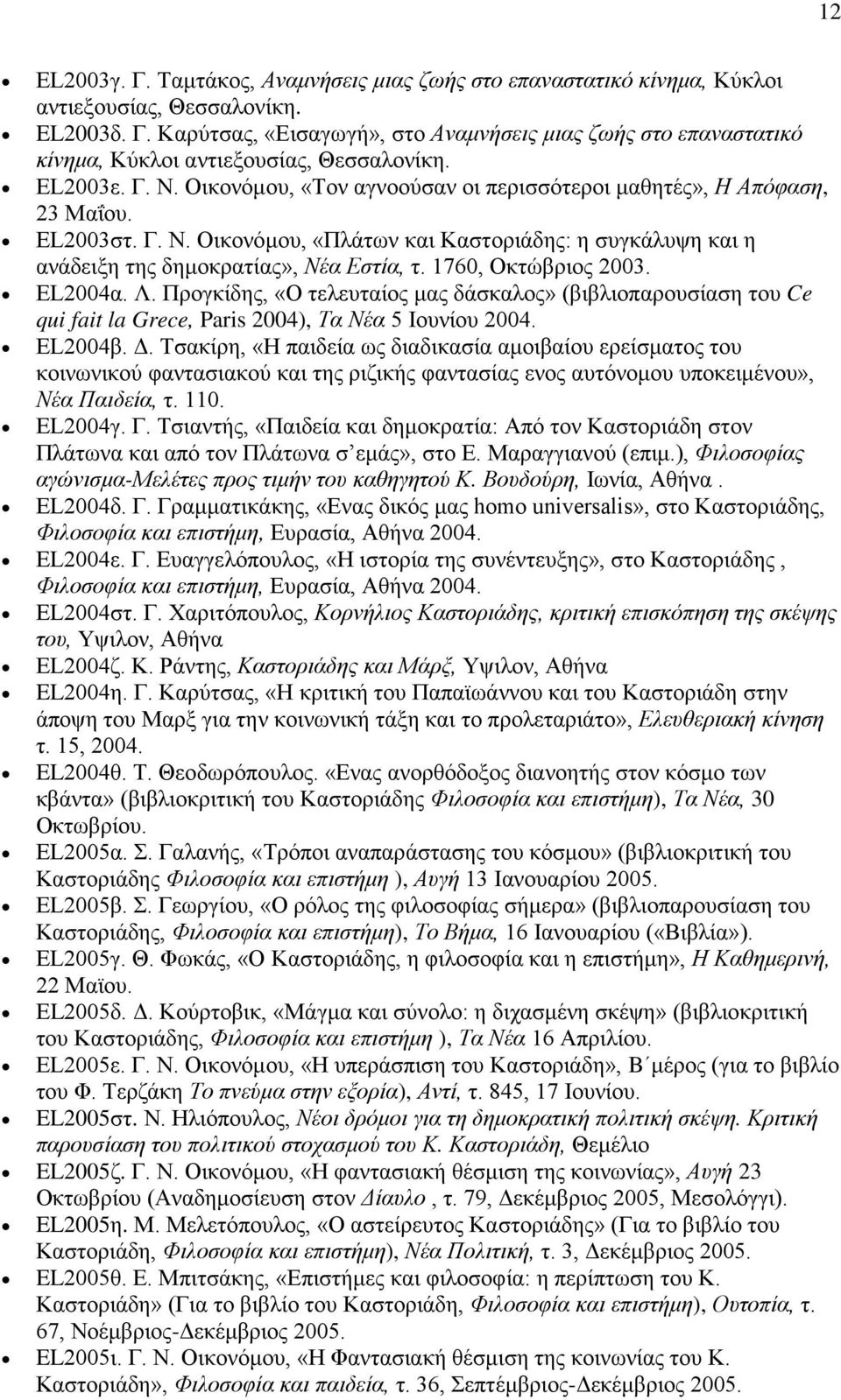 1760, Οκτώβριος 2003. EL2004α. Λ. Προγκίδης, «Ο τελευταίος μας δάσκαλος» (βιβλιοπαρουσίαση του Ce qui fait la Grece, Paris 2004), Τα Νέα 5 Ιουνίου 2004. EL2004β. Δ.