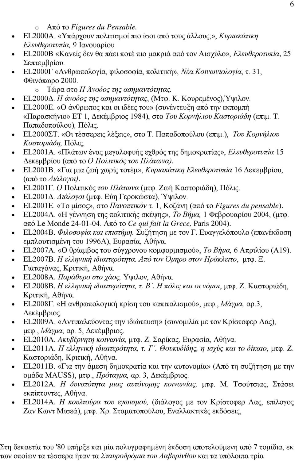 EL2000Γ «Ανθρωπολογία, φιλοσοφία, πολιτική», Νέα Κοινωνιολογία, τ. 31, Φθινόπωρο 2000. o Τώρα στο Η Άνοδος της ασημαντότητας. EL2000Δ. Η άνοδος της ασημαντότητας, (Mτφ. Κ. Κουρεμένος),Ύψιλον. EL2000Ε.