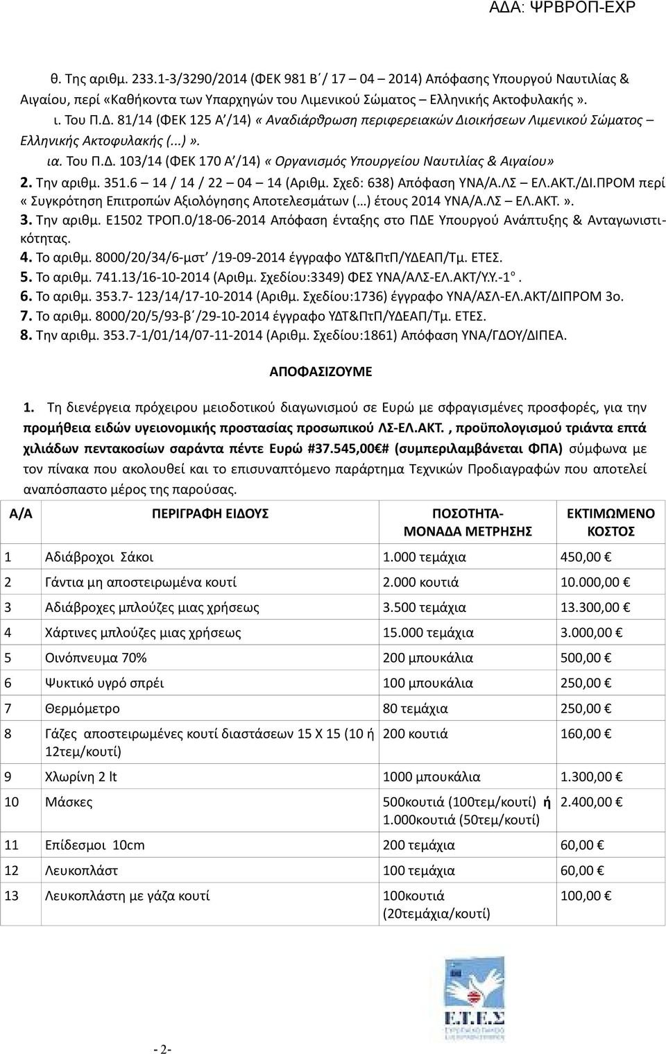Την αριθμ. 351.6 14 / 14 / 22 04 14 (Αριθμ. Σχεδ: 638) Απόφαση ΥΝΑ/Α.ΛΣ ΕΛ.ΑΚΤ./ΔΙ.ΠΡΟΜ περί «Συγκρότηση Επιτροπών Αξιολόγησης Αποτελεσμάτων ( ) έτους 2014 ΥΝΑ/Α.ΛΣ ΕΛ.ΑΚΤ.». 3. Την αριθμ. E1502 ΤΡΟΠ.