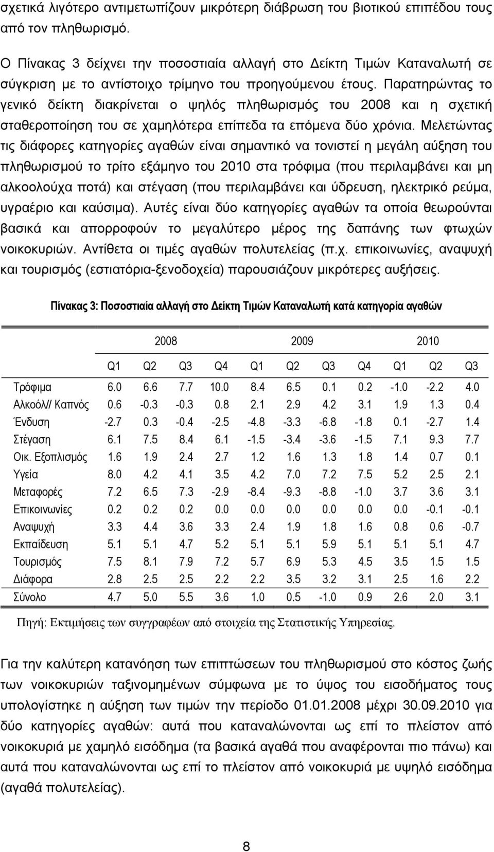 Παρατηρώντας το γενικό δείκτη διακρίνεται ο ψηλός πληθωρισμός του 2008 και η σχετική σταθεροποίηση του σε χαμηλότερα επίπεδα τα επόμενα δύο χρόνια.