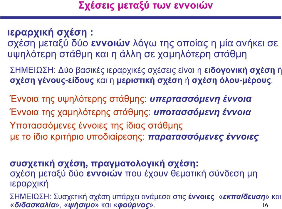 Έννοια της υψηλότερης στάθμης: υπερτασσόμενη έννοια Έννοια της χαμηλότερης στάθμης: υποτασσόμενη έννοια Υποτασσόμενες έννοιες της ίδιας στάθμης με το ίδιο κριτήριο