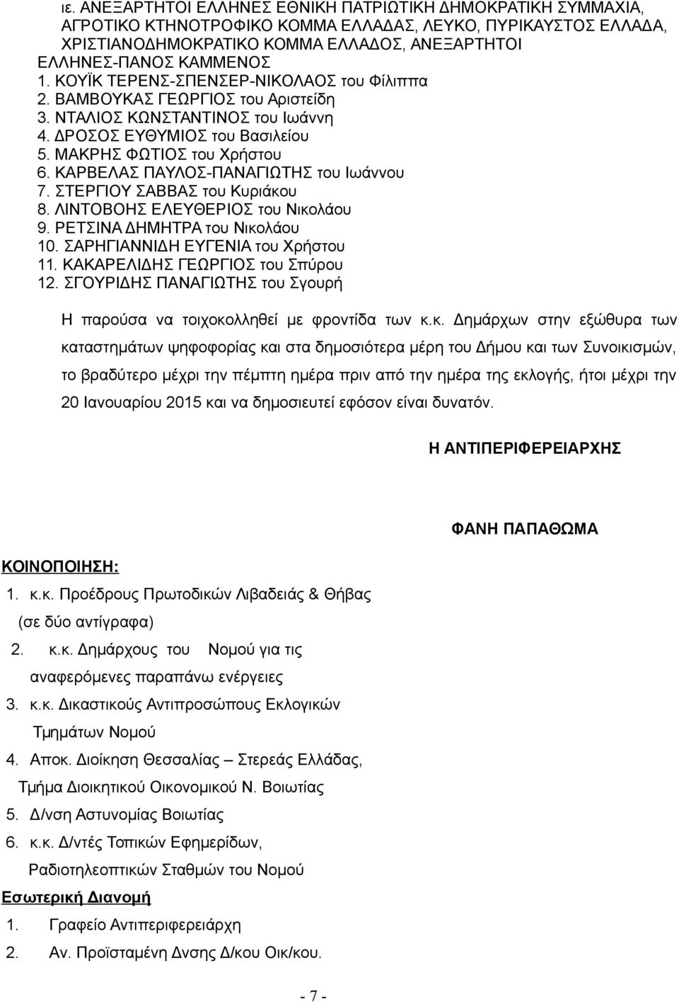 ΚΑΡΒΕΛΑΣ ΠΑΥΛΟΣ-ΠΑΝΑΓΙΩΤΗΣ του Ιωάννου 7. ΣΤΕΡΓΙΟΥ ΣΑΒΒΑΣ του Κυριάκου 8. ΛΙΝΤΟΒΟΗΣ ΕΛΕΥΘΕΡΙΟΣ του Νικολάου 9. ΡΕΤΣΙΝΑ ΔΗΜΗΤΡΑ του Νικολάου 10. ΣΑΡΗΓΙΑΝΝΙΔΗ ΕΥΓΕΝΙΑ του Χρήστου 11.