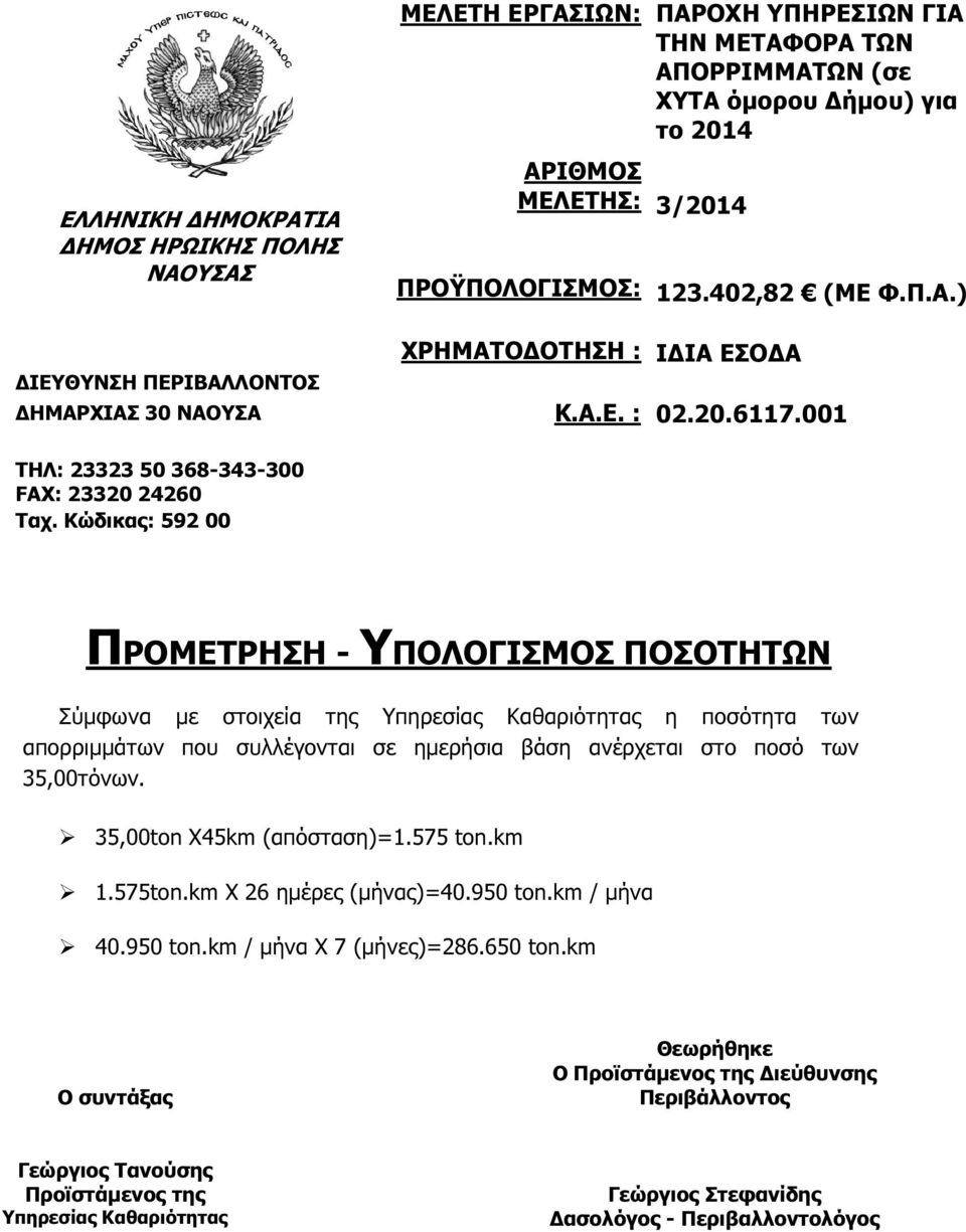 Κώδικας: 592 00 ΠΡΟΜΕΤΡΗΣΗ - ΥΠΟΛΟΓΙΣΜΟΣ ΠΟΣΟΤΗΤΩΝ Σύµφωνα µε στοιχεία της Υπηρεσίας Καθαριότητας η ποσότητα των απορριµµάτων που συλλέγονται σε ηµερήσια βάση ανέρχεται στο ποσό των 35,00τόνων.