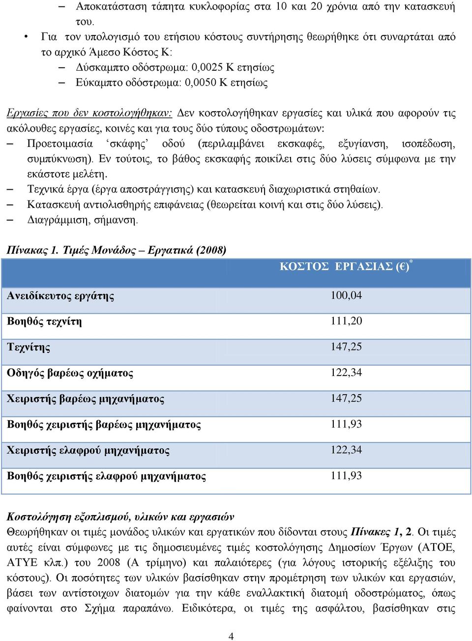 κοστολογήθηκαν: Δεν κοστολογήθηκαν εργασίες και υλικά που αφορούν τις ακόλουθες εργασίες, κοινές και για τους δύο τύπους οδοστρωμάτων: Προετοιμασία σκάφης οδού (περιλαμβάνει εκσκαφές, εξυγίανση,