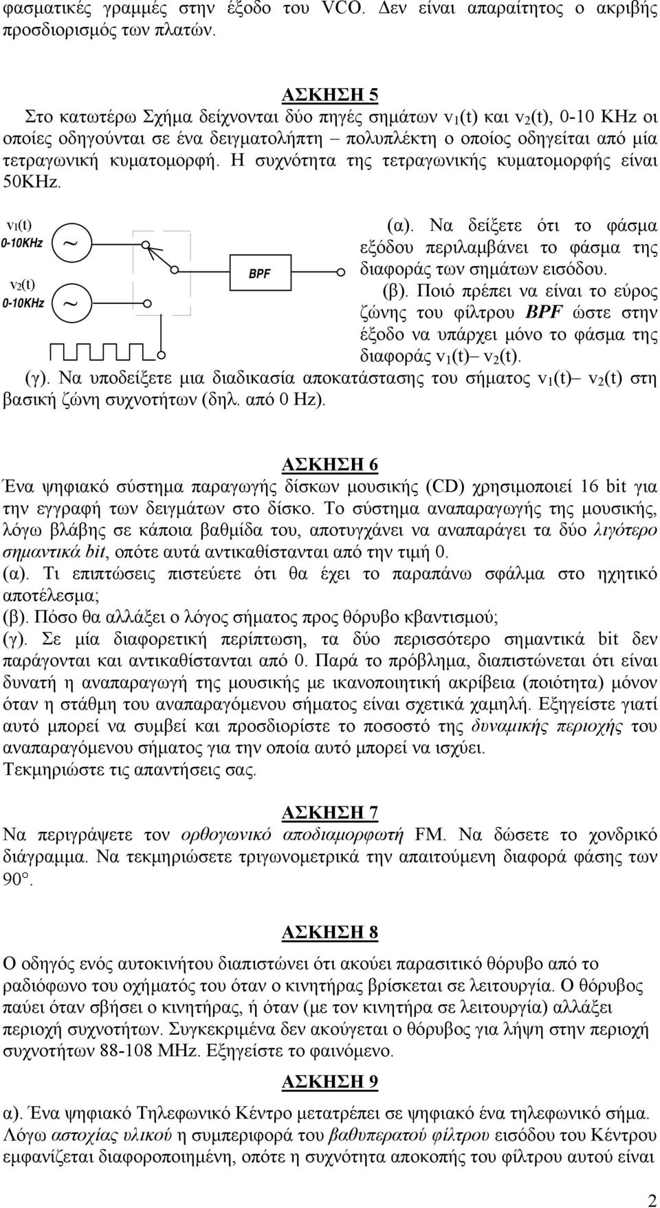 Η συχνότητα της τετραγωνικής κυματομορφής είναι 50KHz. v1(t) 0-10KHz v2(t) 0-10KHz ~ ~ BPF (α). Να δείξετε ότι το φάσμα εξόδου περιλαμβάνει το φάσμα της διαφοράς των σημάτων εισόδου. (β).