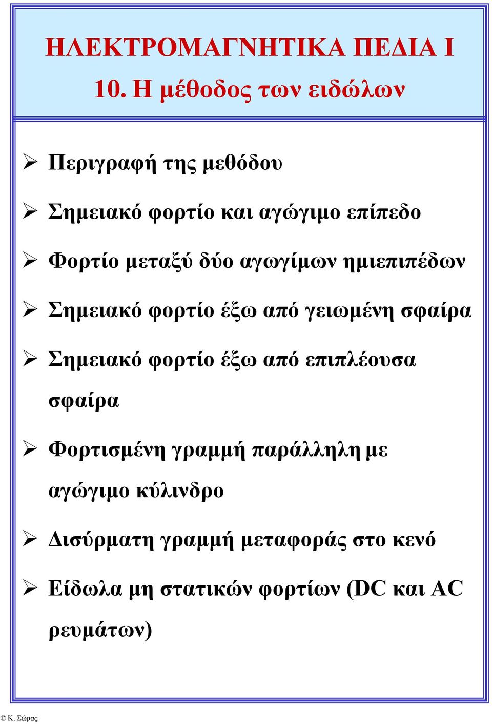 μεταξύ δύο αγωγίμων ημιεπιπέδων Σημειακό φορτίο έξω από γειωμένη σφαίρα Σημειακό φορτίο