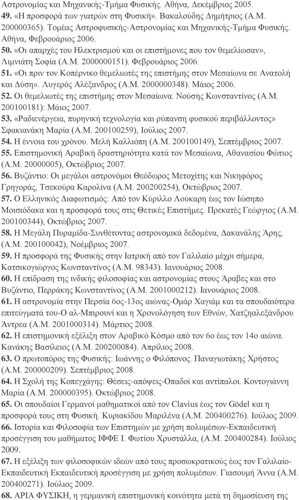 Φεβρουάριος 2006. 51. «Οι πριν τον Κοπέρνικο θεμελιωτές της επιστήμης στον Μεσαίωνα σε Ανατολή και Δύση». Λυγερός Αλέξανδρος (Α.Μ. 2000000348). Mάιος 2006. 52.