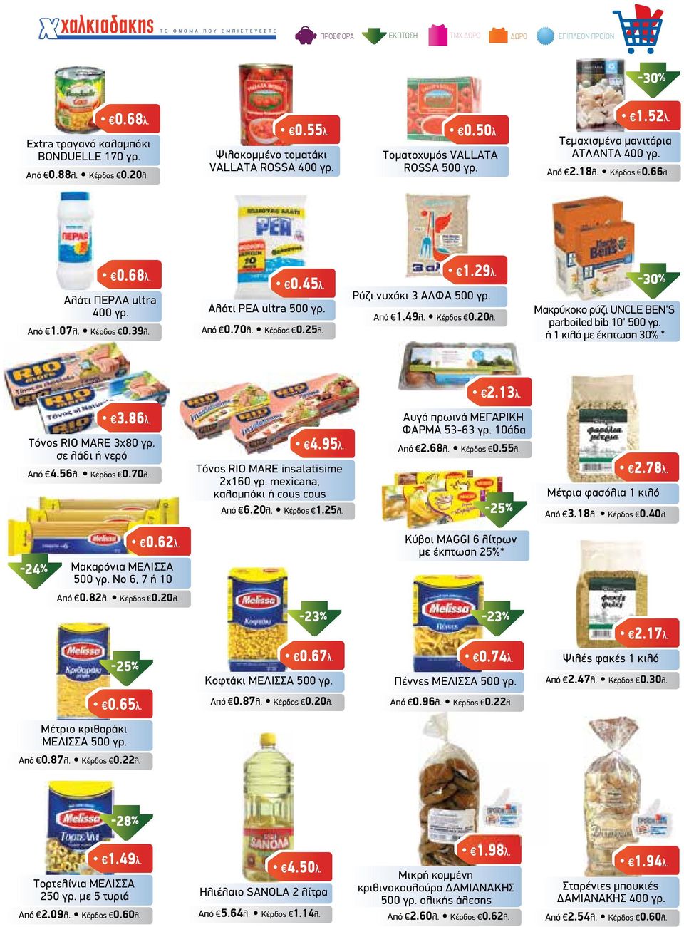 70λ. Κέρδος 0.25λ. 1.29λ. Ρύζι νυχάκι 3 ΑΛΦΑ 500 γρ. Από 1.49λ. Κέρδος 0.20λ. Μακρύκοκο ρύζι UNCLE BEN'S parboiled bib 10' 500 γρ. ή 1 κιλό 2.13λ. 3.86λ. Τόνος RIO MARE 3x80 γρ. σε λάδι ή νερό Από 4.