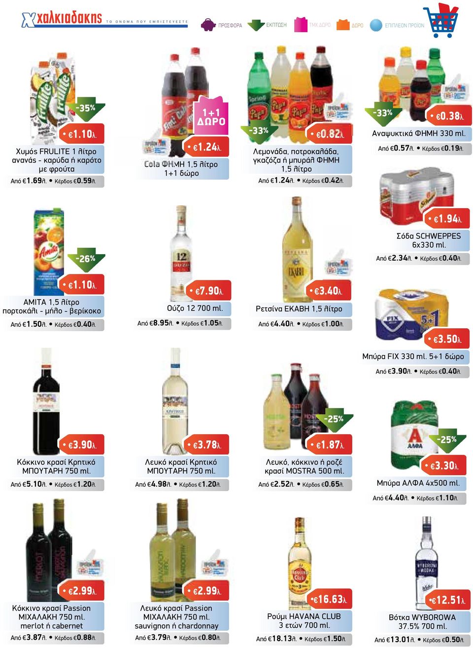 Σόδα SCHWEPPES 6x330 ml. Από 2.34λ. Κέρδος 0.40λ. 1.10λ. AMITA 1,5 λίτρο πορτοκάλι - µήλο - βερίκοκο 7.90λ. Ούζο 12 700 ml. 3.40λ. Ρετσίνα ΕΚΑΒΗ 1,5 λίτρο Από 1.50λ. Κέρδος 0.40λ. Από 8.95λ. Κέρδος 1.