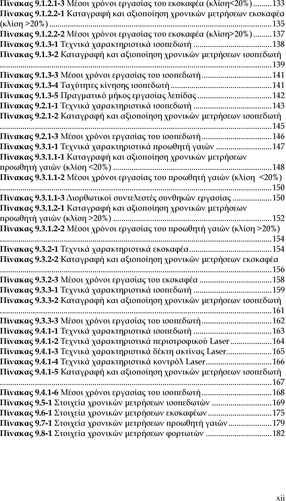 ..141 Πίνακας 9.1.3-4 Ταχύτητες κίνησης ισοπεδωτή...141 Πίνακας 9.1.3-5 Πραγματικό μήκος εργασίας λεπίδας...142 Πίνακας 9.2.1-1 Τεχνικά χαρακτηριστικά ισοπεδωτή...143 Πίνακας 9.2.1-2 Καταγραφή και αξιοποίηση χρονικών μετρήσεων ισοπεδωτή.