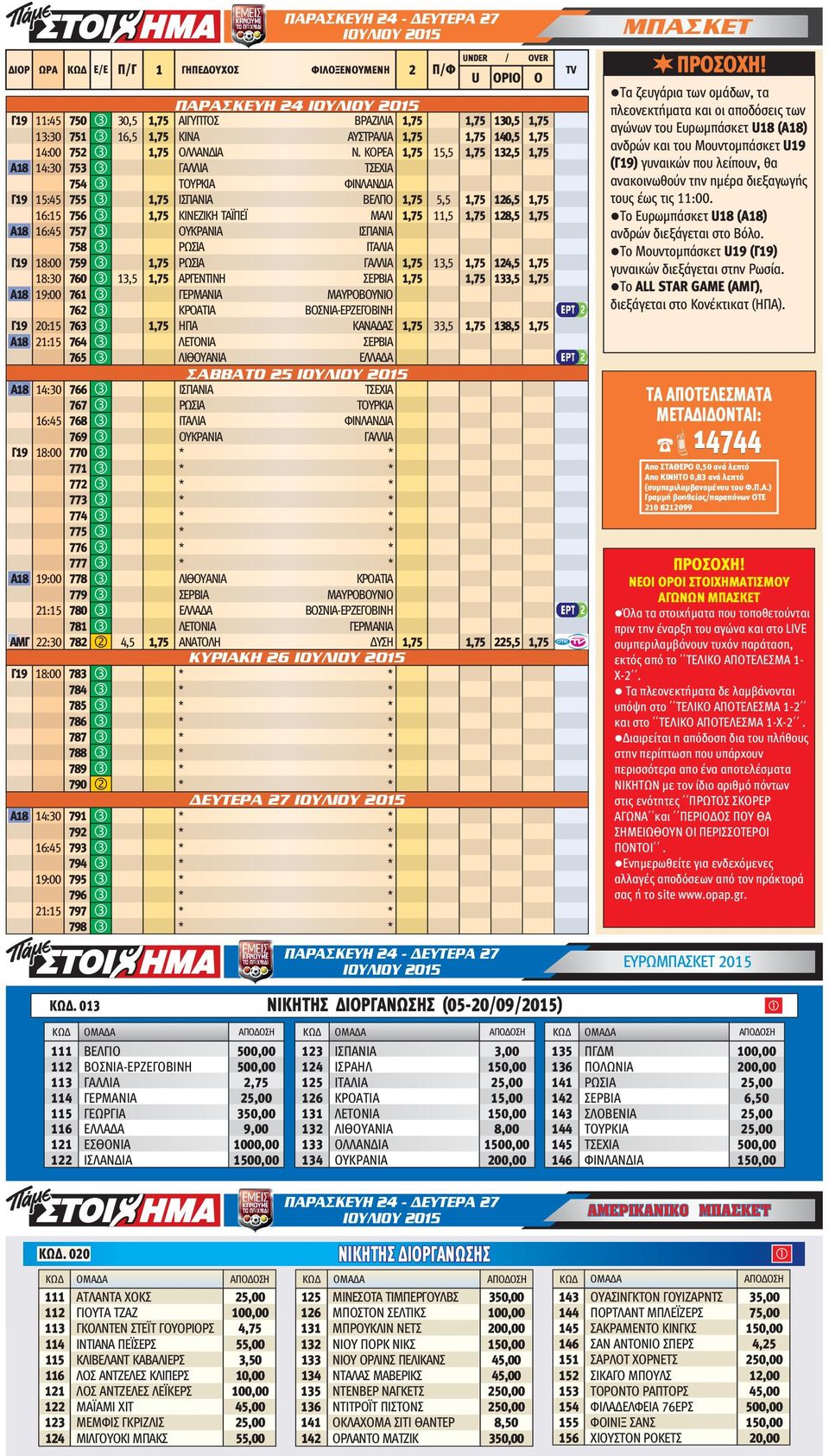 128,5 1,75 Α18 16:45 757 3 ΟΥΚΡΑΝΙΑ ΙΣΠΑΝΙΑ 758 3 ΡΩΣΙΑ ΙΤΑΛΙΑ Γ19 18:00 759 3 1,75 ΡΩΣΙΑ ΓΑΛΛΙΑ 1,75 13,5 1,75 124,5 1,75 18:30 760 3 13,5 1,75 ΑΡΓΕΝΤΙΝΗ ΣΕΡΒΙΑ 133,5 1,75 Α18 19:00 761 3 ΓΕΡΜΑΝΙΑ